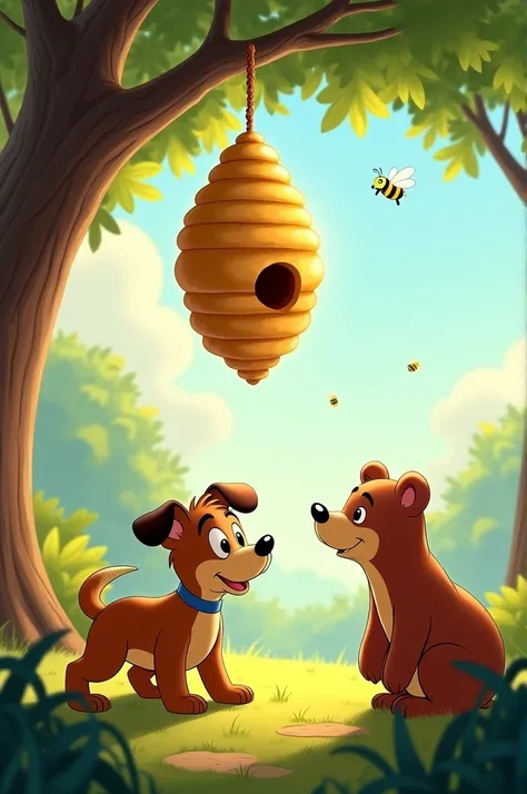 Finding the Beehive: The dog has discovered a beehive hanging from a low branch. It looks excited, while the bear gazes up, smiling eagerly at the hive with anticipation.disney animated 
