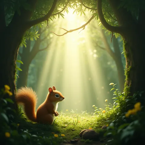 Light in the Forest, Tyndall effect, god ray light, In a mysterious and lush forest, the first ray of morning sunlight penetrated through the layers of green leaves and sprinkled on a lively and lovely little animal