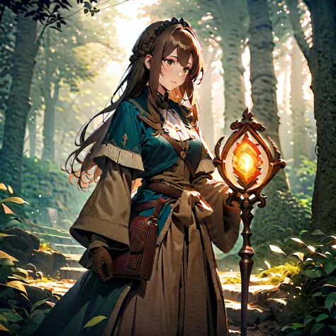 A stunning HD (High Definition) illustration of a brown-haired mage anime girl with long hair, with a braid on one side. She has brown eyes and wears a blue mages veil on her head. She is dressed in a long-sleeve white medieval-style shirt, brown pants, an...