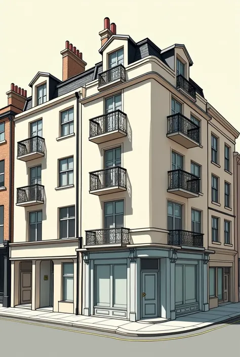 Un bâtiment très modeste dans les rues de Londres avec des balcons dans un style graphique bd française 2D. Les coups de crayon doivent être extrêmement détaillés le plus possible  les couleurs harmonieuses et légèrement