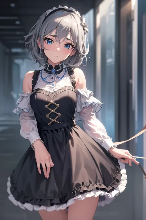 masterpiece, best quality, highres, 1girl, solo, anastasia (idolmaster), idolmaster cinderella girls, blue eyes, short hair, grey hair, black dress, cowboy shot, , closed mouth, upper_body,