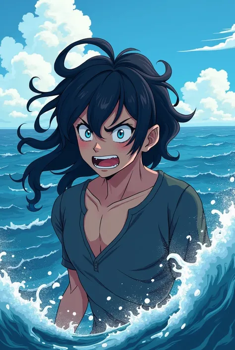 A guy with wavy long hair is angry with the blue ocean background in anime style