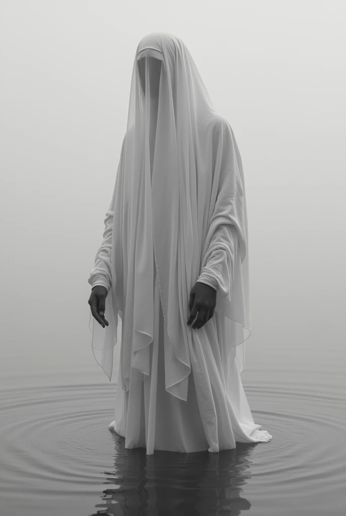 A black-and-white photograph of a person dressed in a flowing white robe, standing in calm, shallow water. Only the lower part of the body and one hand are visible, capturing the figure from the waist down with a soft, ethereal atmosphere. The hand has a s...