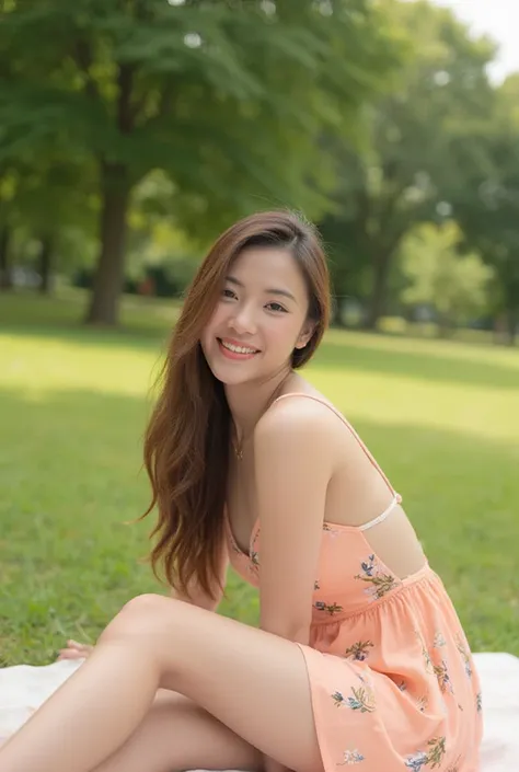 a thai woman with long wavy brown hair, sitting on a picnic blanket in a park, wearing a peach-colored sundress with thin straps...