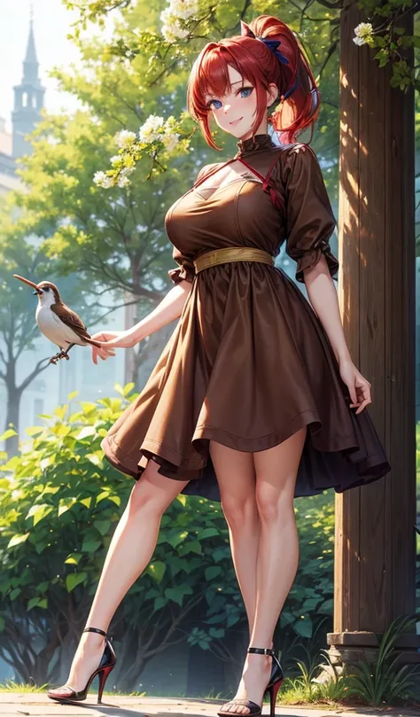 1girl, ((mature girl)), solo, spring, birds, trees, red hair, ponytail, large full breasts, ((brown dress)), dark blue eyes, high heels, smile, looking at the viewer, standing, hair ribbon, golden necklate