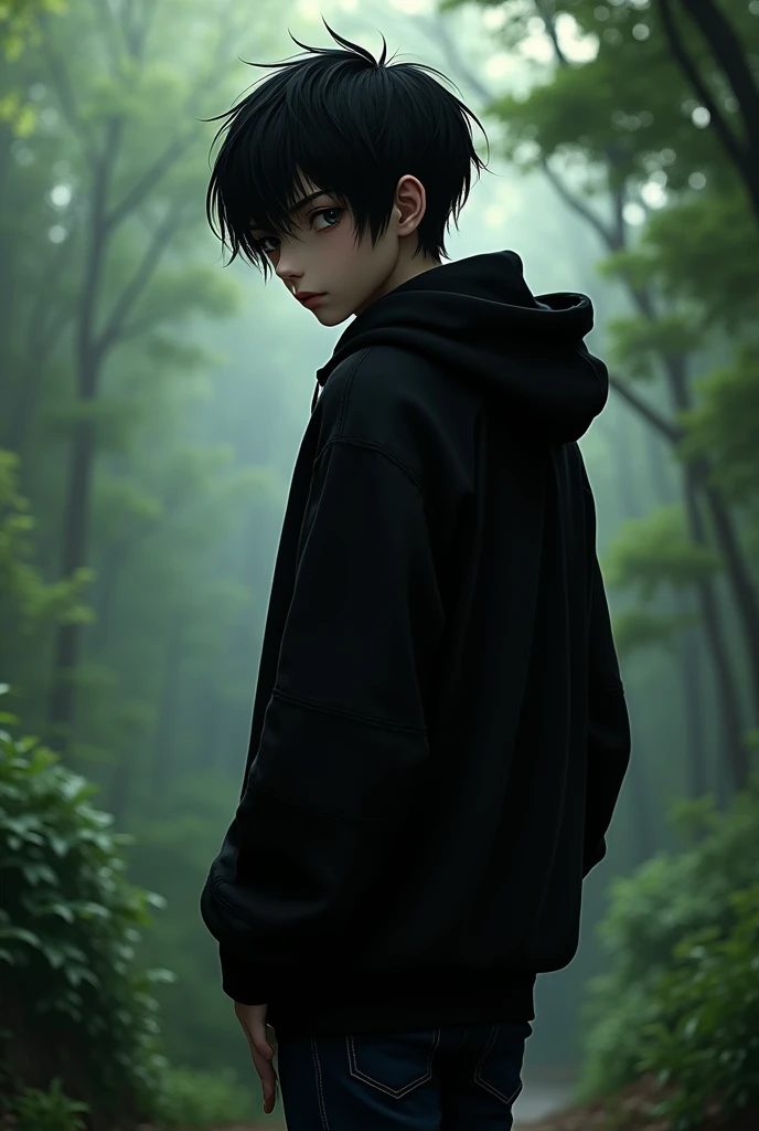 Make a boy. The boy has black hair and the boy is wearing a black hoodi and he is wearing a jeans pant and his feet are black Nike shoes and his back is black nature and his body color is black and the boy is an Otaku.her age is 17. And har hoodie writing ...