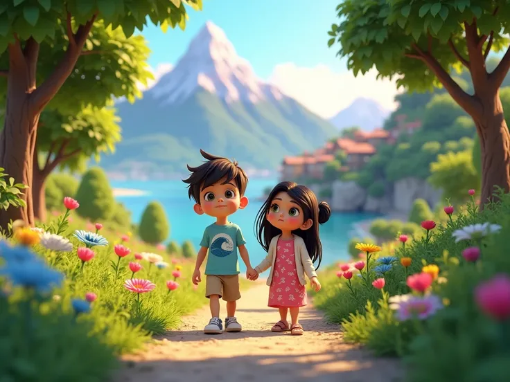 A 3D render of Deniz and Asya walking through a lush forest path, surrounded by vibrant green trees and colorful wildflowers. The forest is lively with the scent of fresh nature, as sunlight filters through the leaves above, casting dappled shadows on the ...