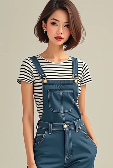  a French, average height, slim women, with short brown straight hair. Wearing dungarees and a striped top