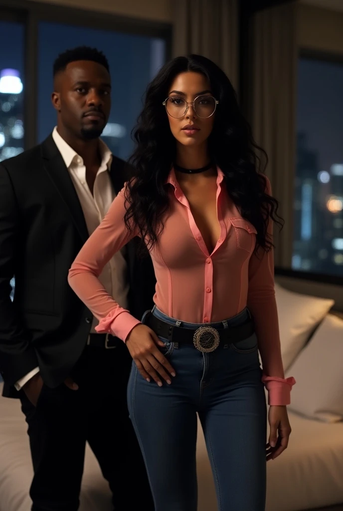 Kim Kardashian with black long curly hair    ,  she is wearing a tight pink see-through shirt with collar and buttons , not cropped ,.she also wears a wide black belt around her stomach  , And very tight blue jeans ,  she is wearing round glasses with tran...