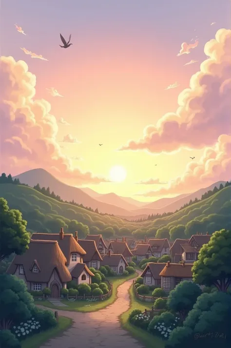 A soft, dawn-lit sky with shades of pink and gold glowing above a serene village.
