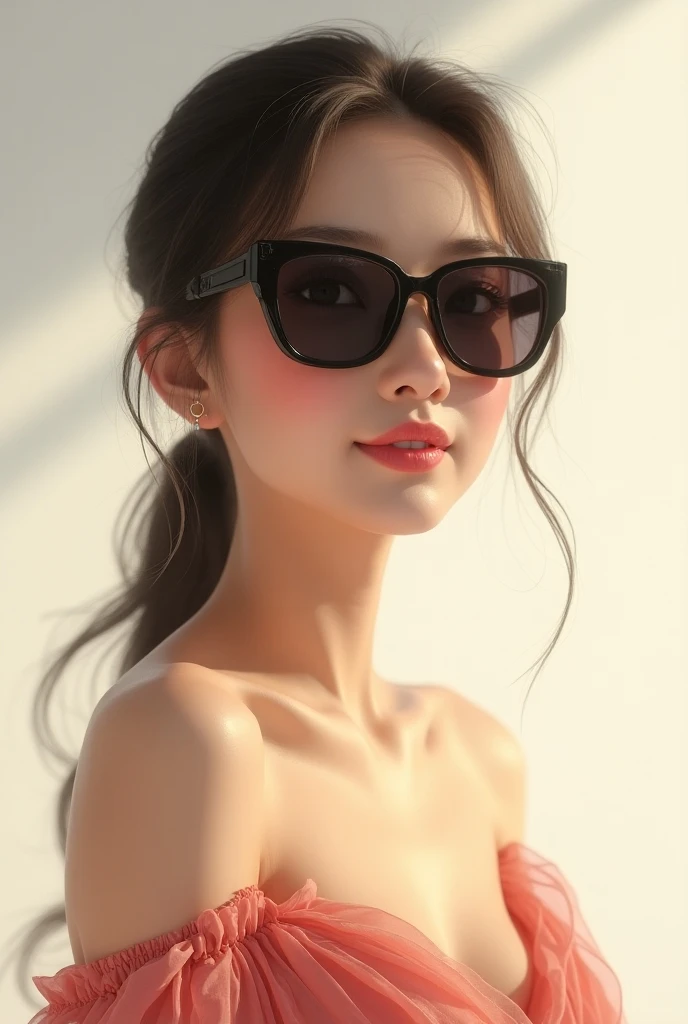 20 years old cute girl wearing dress and black shades on clear background, realistic 