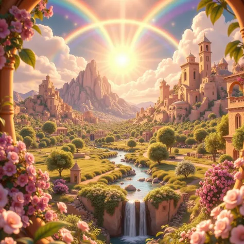 middle East、11 The city was enveloped in the glory of God、Shining like a jewel、Like Jasper〔Like crystal〕It was crystal clear.。Israel- Fantastic - Painting Style Waterfall Soft painting style Brightly colored Bright light a wonderful heavenly garden, rainbo...