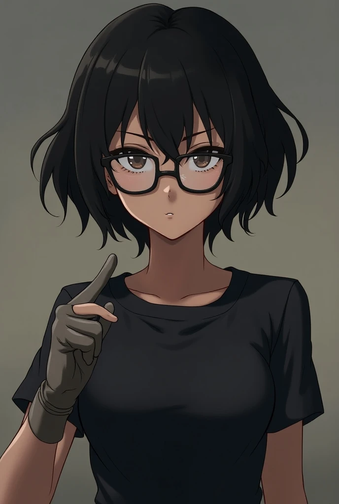 Girl with short hair, small square glasses, gloved,  alpha listen make her less cute,  and to keep the glasses small  , and she was an anime 