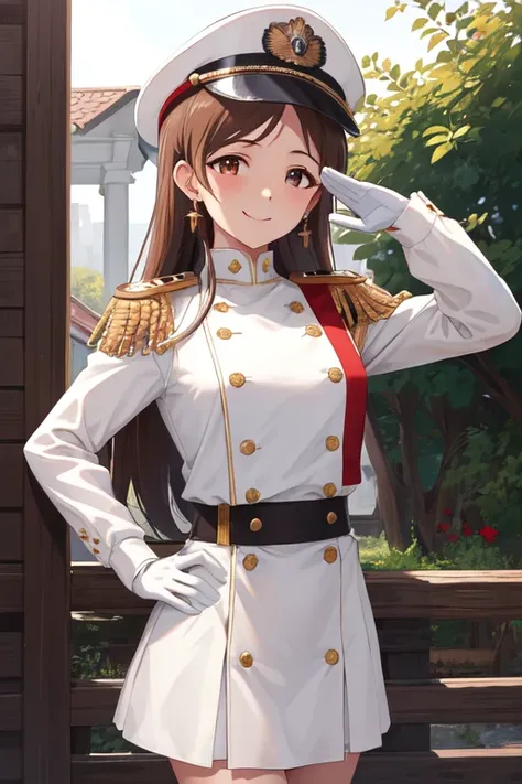 masterpiece, Best Quality,  high resolution on down, Aanitta, Long Hair, Peaked Cap,  earrings for a woman alone,  medium chest, uniform, Epaulettes, ( white shirt :1.2), White sleeves,  long sleeve ,   red shirt  ,  The Idolmaster,  cowboy shot ,  is stan...