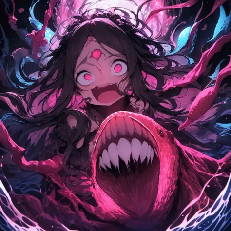 Deep in the ocean, a scary sexy mermaid approaches. Much like an angler fish she has a glowing lure dangling from her forehead, huge dark eyes, and an enormous toothy mouth
