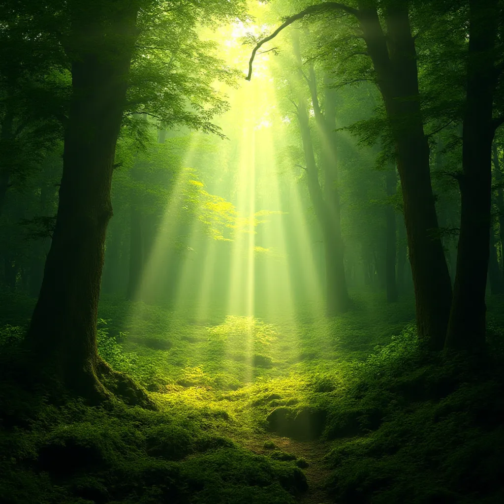 light in the forest, tyndall effect, god ray light, in the deep forest, soft rays of sunlight penetrate the dense tree canopy li...