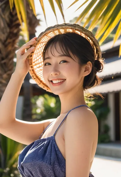  a 21-year-old Japanese woman in a swimsuit dress ,  with dark hair and braided hair wrapping around her face 、 feeling joy and pride that she was caught 、 smiling warmly .   the sun shining on the palm tree in the background , .   The womans expression wa...