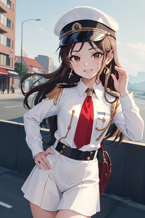 masterpiece, Best Quality,  high resolution on down, Aanitta, Long Hair, Peaked Cap,  earrings for a woman alone, small breasts, uniform, Epaulettes, ( white shirt :1.2), White sleeves,  long sleeve ,   red shirt  ,  The Idolmaster,  cowboy shot ,  is stan...