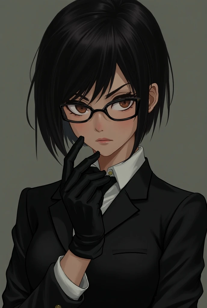 Girl with short hair, small square glasses, gloved,  alpha listen make her less cute,  and to keep the glasses small  , and she was an anime , even less glasses and a face less cute , the face is serious and to make her look like the mafia