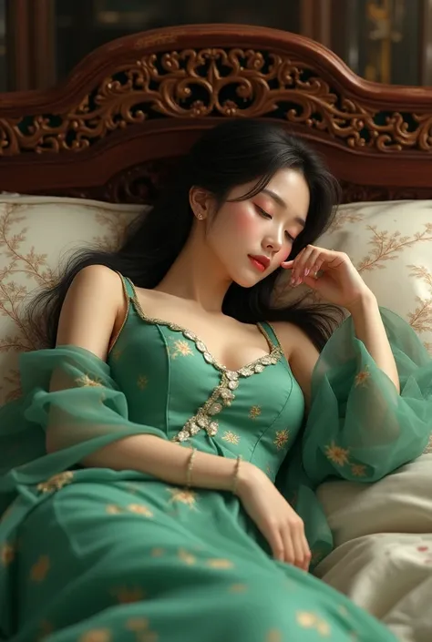 Young woman,Twenty-nine years old, Asian face, Long black hair, Skin as white as snow, Wearing a sexy green vintage Chinese hanfu dress, Big chest, Thin waist, Big butt,Sleeping in an antique Chinese bed , Manga drawing style, realistic 2.5D

