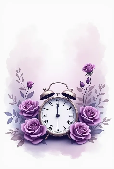 an image of a table clock with purple roses on the side, with shade,  watercolor painting in the middle of a white canvas