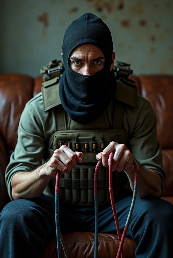 Hyper-realistic portrait of a militant figure on a weathered leather couch, tactical vest laden with 5.56mm rounds, matte-black balaclava revealing penetrating eyes. Hands tensely gripping stripped red and blue detonator wires, ambient lighting casting dra...