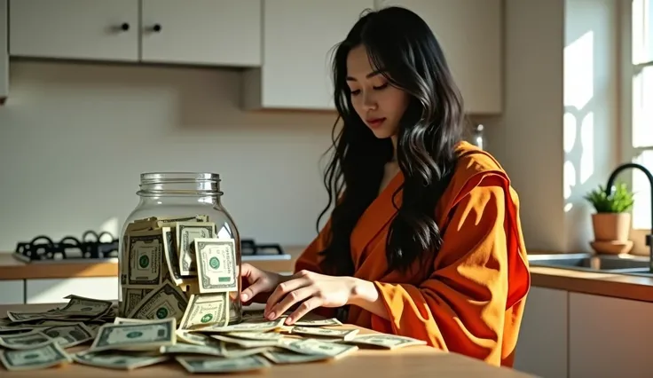 very beautiful young woman with long black hair and orange Buddhist clothes, keeping a lot of bills in a cookie jar in the kitchen,  hyperrealistic photography,  well lit with clear light and with many details.