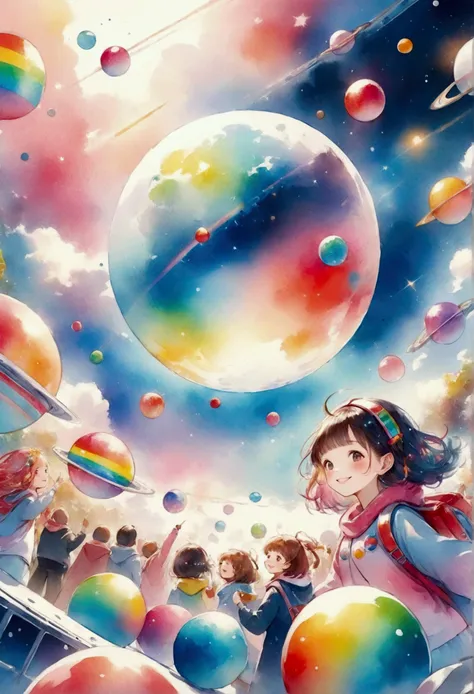  lots of colorful rainbow balls、Lots of aliens、 women in rainbow-colored clothes 、 partying in space 、smile、 Colorful Illustrations 、Fantastic、Watercolor style