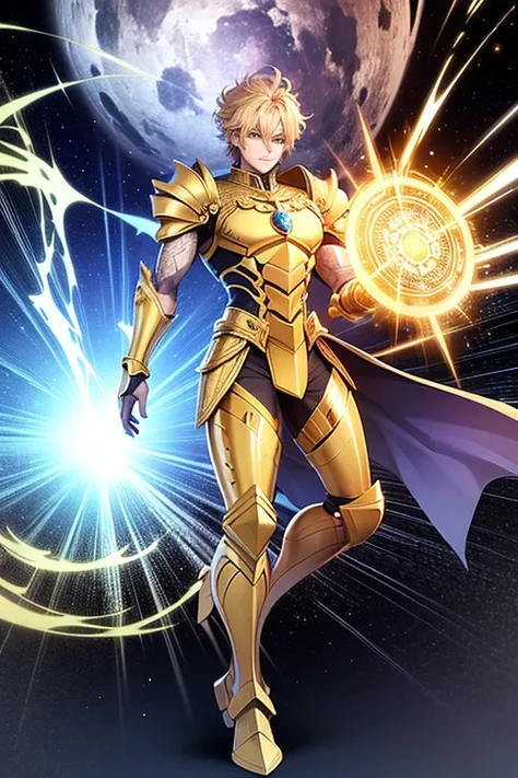 Full body man,  The image shows a Golden Knight of the Knights of the Zodiac in a powerful pose,
 The image presents a male character wearing detailed gold armor ,  full-bodied male character ,  that represents Leos armor , one of the signs of the zodiac ,...