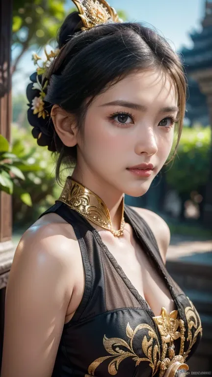 1female, a woman in the era of the Majapahit kingdom, is having a traditional Javanese wedding with gold and black ornaments, wearing a typical Javanese bun, with a charming and charming gaze, smiling, oriental female, with the Prambanan temple in the back...