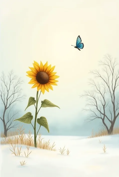 Its a winter background, with a sunflower blooming, and a blue butterfly flying around. Express it with an illustration that feels like a colored pencil. Express it with a cute feeling.