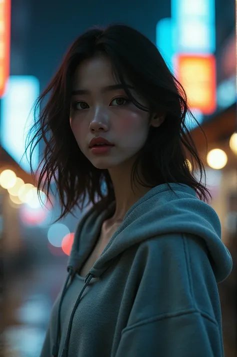 1 girl, beautiful, wavy hair, almond eye, no makeup, grey sweatshirt, oversize_shirt, in front of the fence, City of night, cyberpunk atmosphere, close, (from below:1.2), (realistic:1.2), (surreal:1.3), (very detailed:1.1), ((masterpiece)),