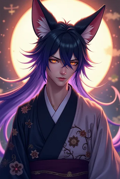 Male, fox ears, black hair, purple highlights, amber eyes, wearing a kimono