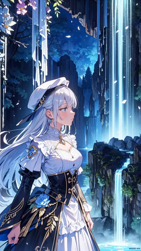 (masterpiece:1.2),(4K), high quality,  Ultra High Definition  ,( perfect anatomy),( 1 girl),  very detailed face  ,  silver long hair  ,  beautiful delicate blue eyes  , smile , Viewers,Add a dramatic and iconic element to the scene with this long sleeve petal collar blouse  ,  white newsboy cap  ,Tiered skirt,Unfairly Beautiful, dreamy and romantic , fantastic and dreamy themes,  mystical atmosphere ,  Enchanting Dreams  , Spectacular views , Add dramatic and iconic elements to your scene,Near the waterfall
