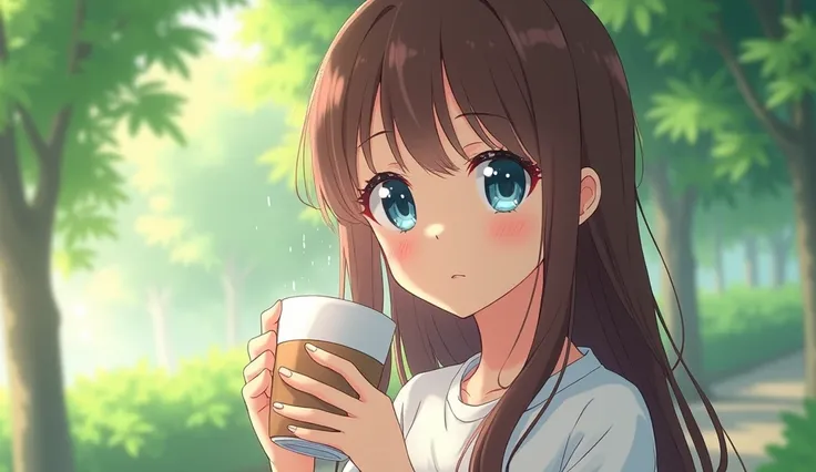  there is a young woman holding a cup of coffee in her hand, pretty-thin-face, Cute natural anime face , with cute and beautiful face , sakimi-chan, Chiho, Yoshitomo Nara,  young and cute face ,  the face of beautiful Japanese girls ,  brown hair and blue ...