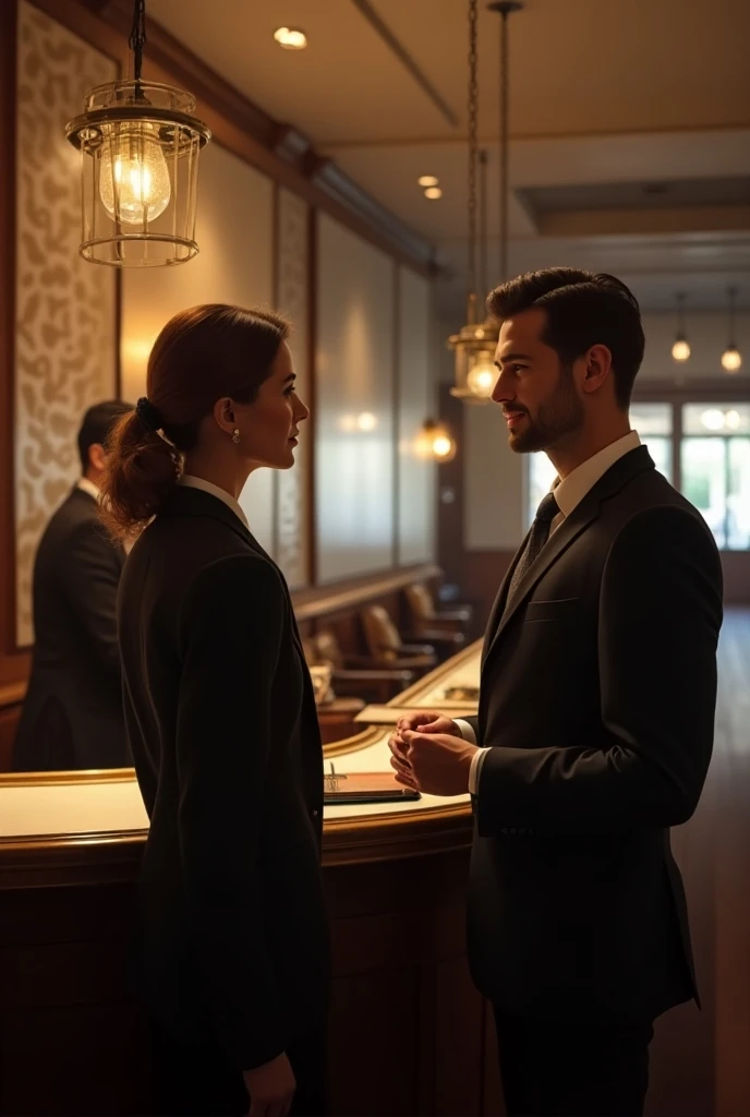 A couple is stand by a desk of a restaurant to book for a table. The man is talking to a male waiter. 