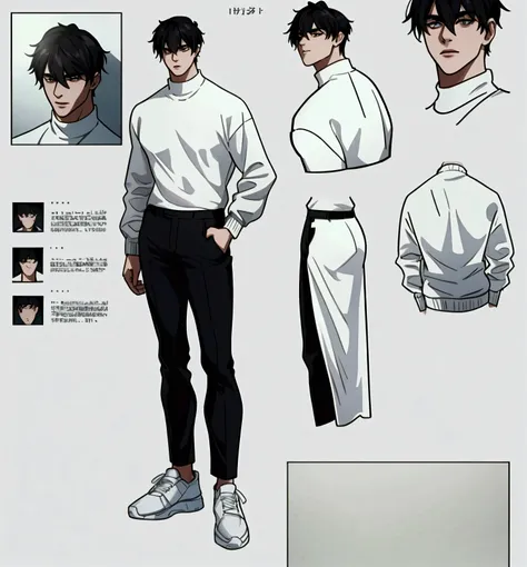 character sheet, character design, male, 20 years old, black hair, modern clothes, white sweater, black pants, white shoes, ((ma...