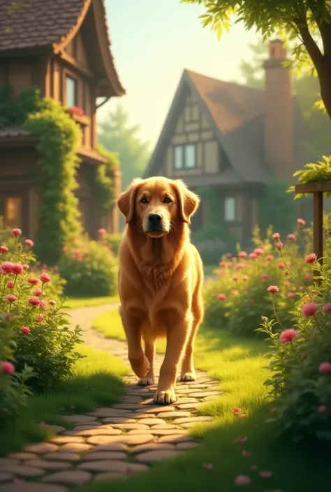 A golden dog walking in the garden, he come in a village 