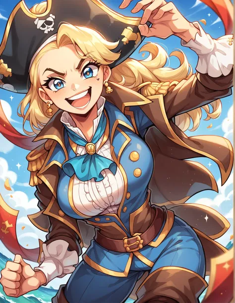 masterpiece, best quality, highly dramatic picture, beautiful eyes, cinematic lens effect, ((pirate captain)), ((Busty Bitches)), ecchi girl sexy photoshoot, fighting pose, excited smile , random hairstyle, blonde hair color