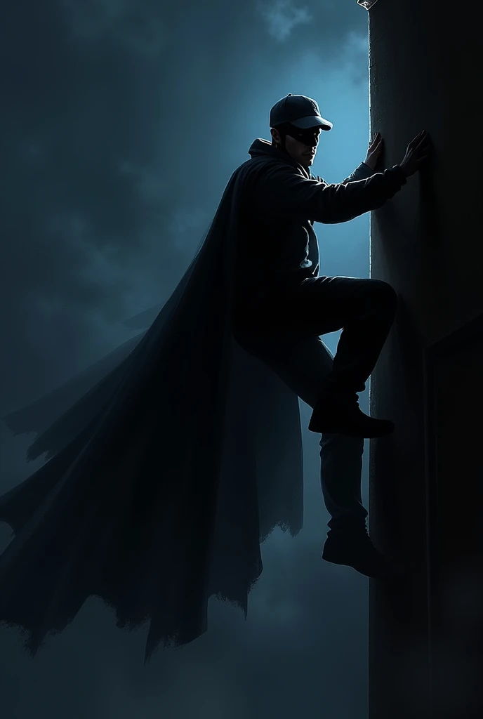 Night scene a man wearing mask and a cap in his back and climbing to a roof of house the face is not visible looking dangerous waring a cape in his back like superman