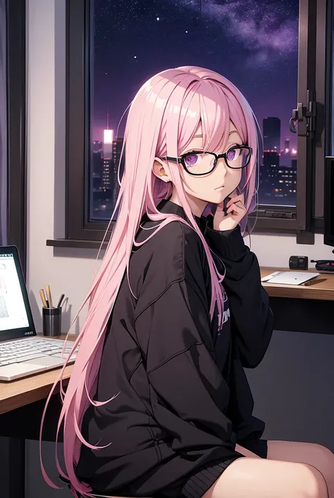 lonely anime girl with pink hair she is wearing glasses and clothes A beautiful black sweatshirt and sits on a chair and plays at the computer playing night stars near the window, the purple sky behind her