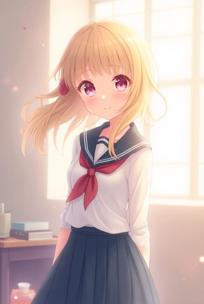  Very pretty anime with blond hair and pink eyes and with student clothes with a medium-small skirt 