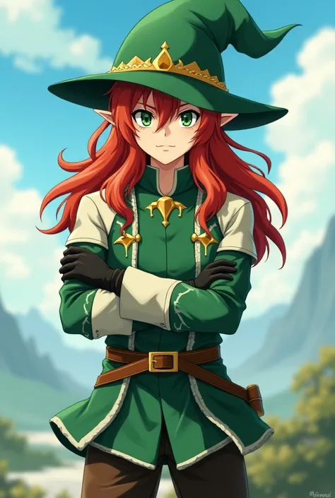  An old anime character ,  this character is young , masculine, ,  he has long, red hair up to his shoulders , your skin is white.  his eyes show a serious expression , Your eyes are green.  His garments are green with white details like those of an elf, H...