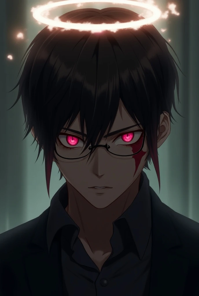  An adult male anime psychologist. Dark brown hair .  Red eyes mixed with dark pink , long ears,  with angel ring .  Scar on right eye , Dark skin, wear glasses