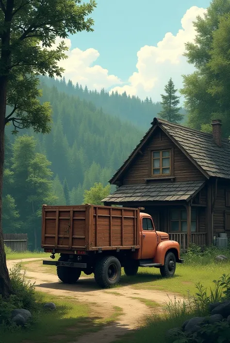 A truck is parked in front of a house in the village surrounded by dense trees and natural foliage.  Truck container facing backwards 
