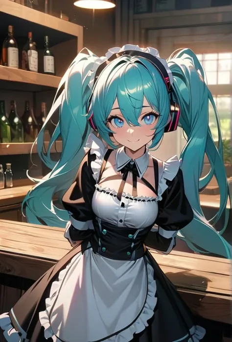 An anime girl is wearing a maid outfit, looking back in front of a wooden counter, smiling at the viewer. , One girl, Solo, Hatsune Miku, Hair between the eyes, Long hair, Voluminous hair, Light blue eyes,
BREAK,
Long sleeves, Puff sleeves, Long skirt, Cri...