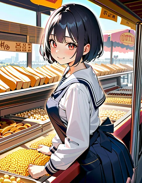 (8K, best quality, master piece: 1.2),super high resolution,best quality,1 girl,14yo,solo,ultra-detailed face,detailed eyes,red eyes,short hair,black hair,mascara,the girl holdinga a grill corn,standing,:q,long sleeve school uniform, sailor suit,pleated sk...