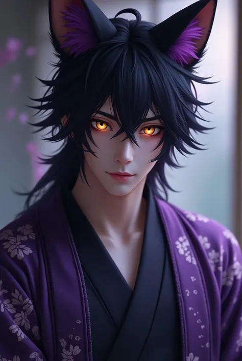 Male, fox ears, black hair, purple highlights, amber eyes, Look cunning, wearing a kimono