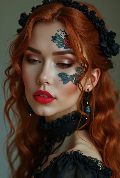 girl with long wavy hair,  brown eyes, thick lips and freckles. With elegant black clothes, and the rose tattoo on the left side of her face ,  Shes a tattoo artist and she likes Tim Burton and looks like a witch