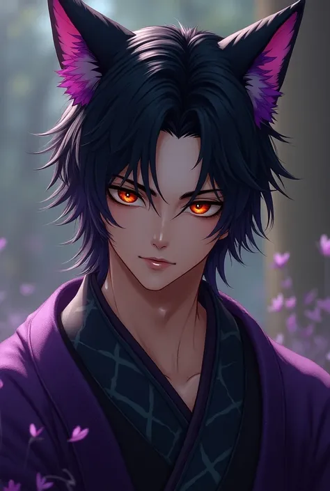 Male, fox ears, black hair, purple highlights, amber eyes, Look cunning, wearing a kimono